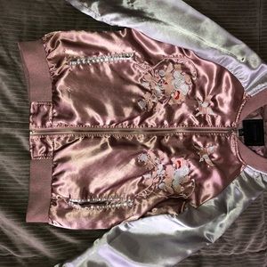 pink & white sweater, with flowers.